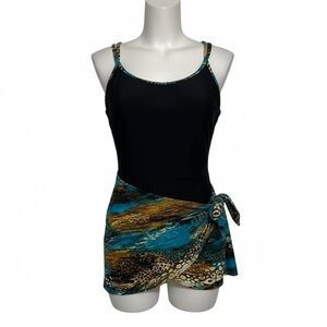 Christina Black and Blue  one piece bathing suit with built in wrap sz 10